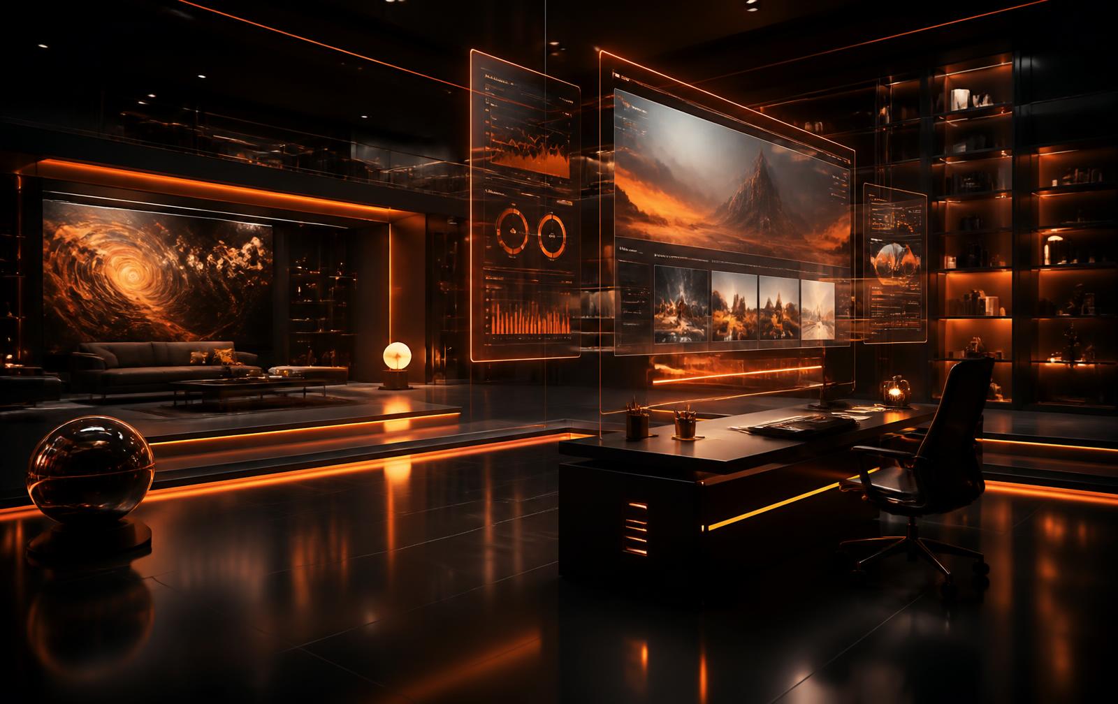 The Boltpine studio: a dark room of holographic dashboards lit in warm orange