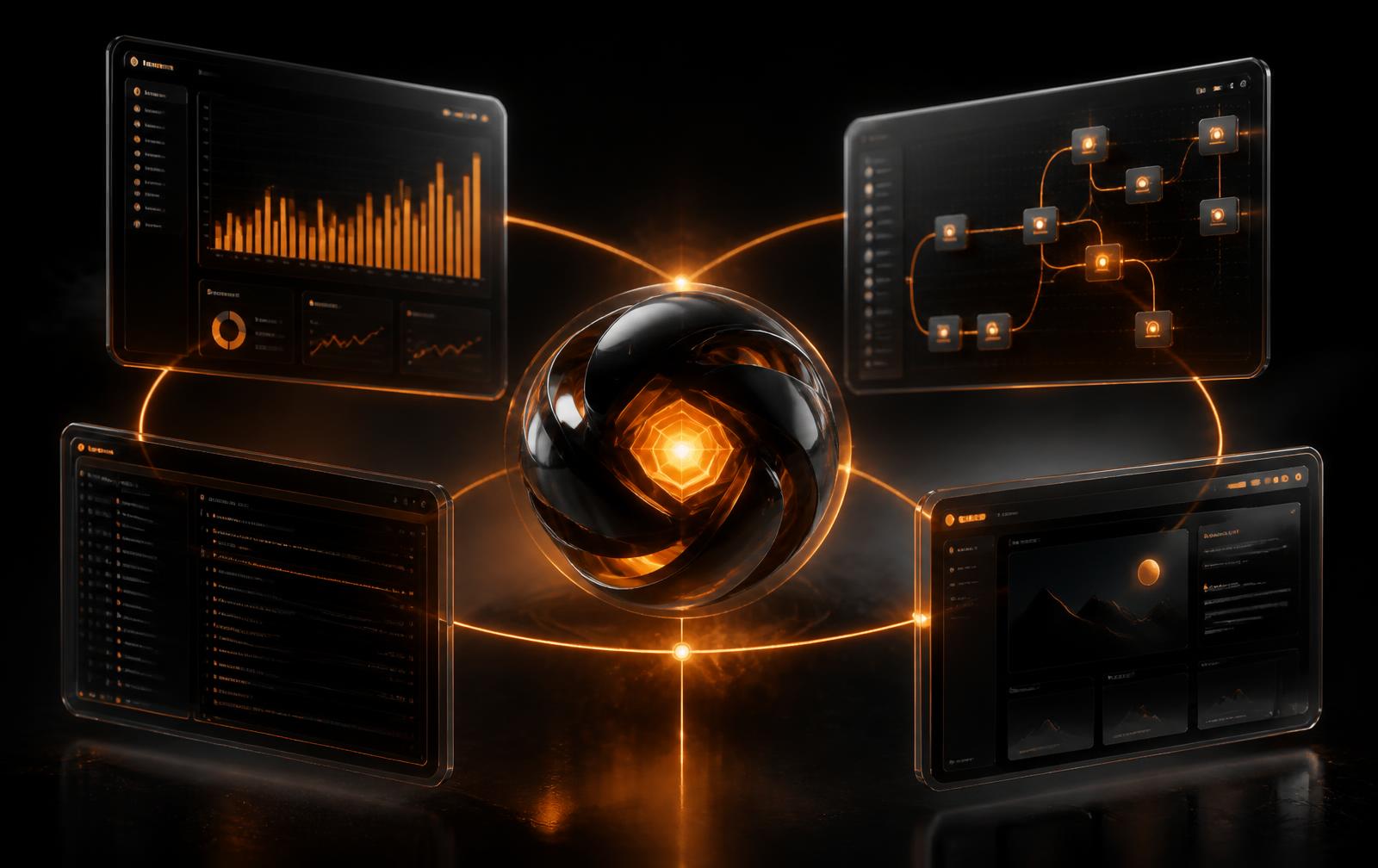A glowing orange core linked to floating dashboards, workflow nodes, a code console and a website frame