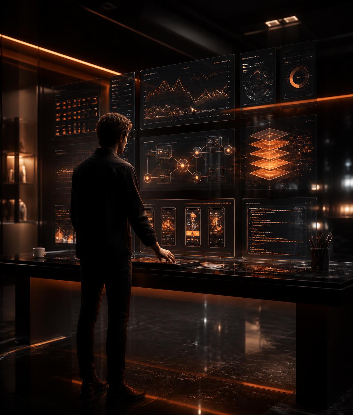 Boltpine studio: a strategist at a black glass desk surrounded by floating dark dashboards, workflow nodes and software layers lit in orange